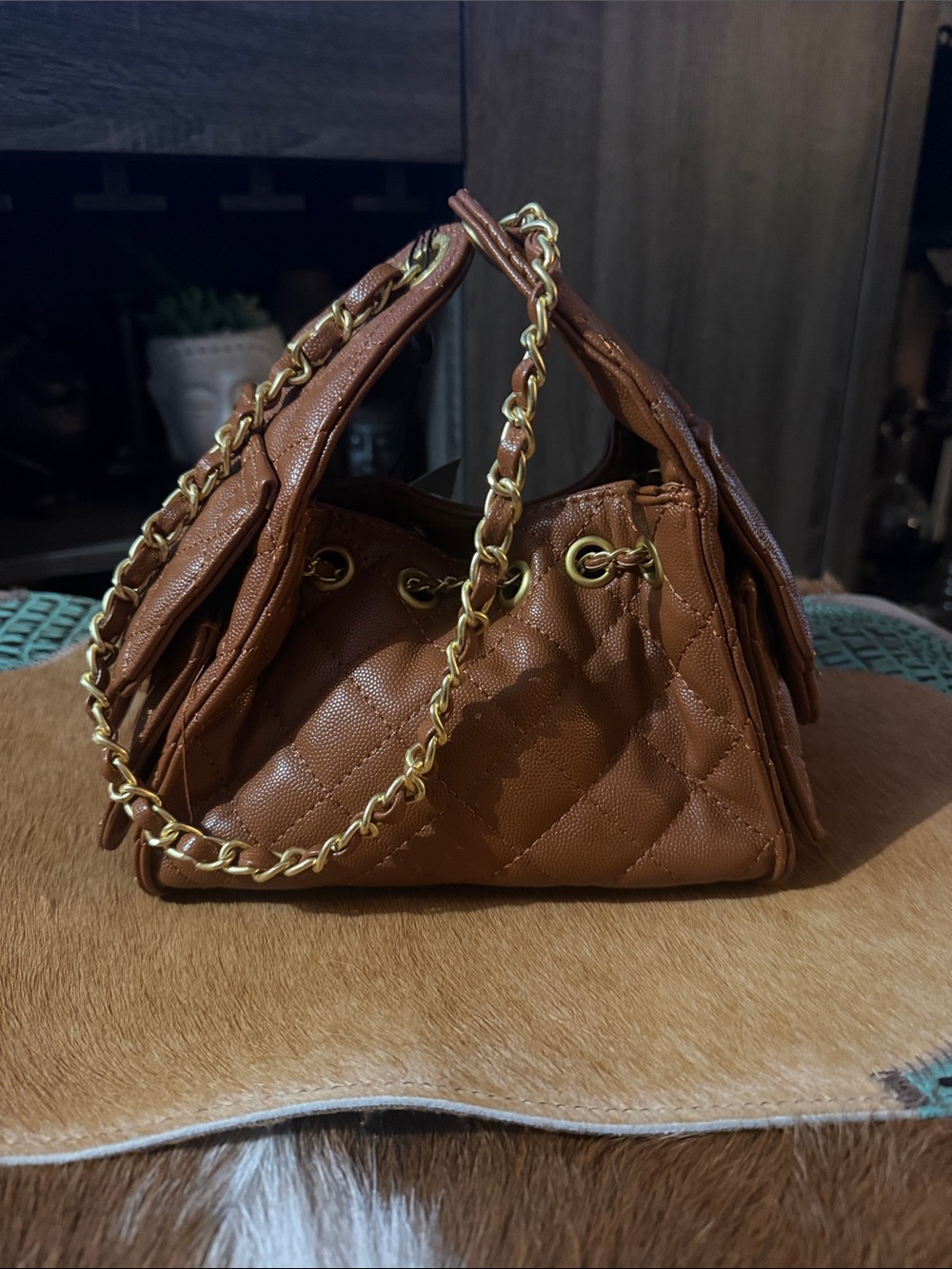 Quilted Brown Shoulder Bag with Gold Chain Strap